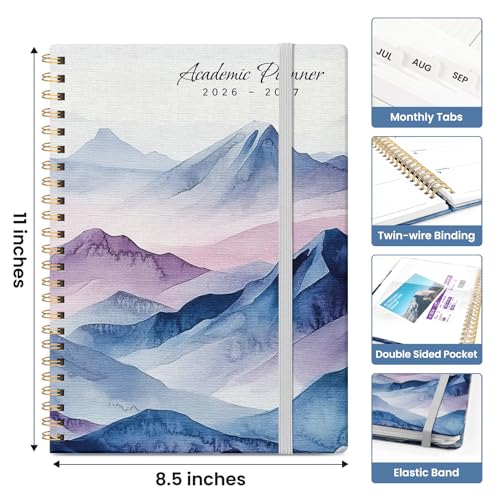Planner 2026-2027, Academic Monthly and Weekly Calendar Planner for Women, July 2026 - June 2027, Hardcover Pretty Agenda Planner Book with Tabs, Spiral Daily Organizer for School Office Home Supplies, 8.5" x 11" - Distant Peaks - color: F-Distant Peaks,