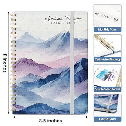 Planner 2026-2027, Academic Monthly and Weekly Calendar Planner for Women, July 2026 - June 2027, Hardcover Pretty Agenda Planner Book with Tabs, Spiral Daily Organizer for School Office Home Supplies, 8.5" x 11" - Distant Peaks - color: F-Distant Peaks,