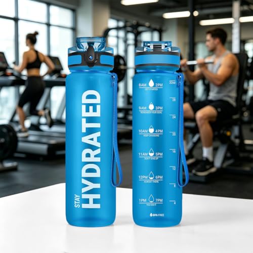 32oz Water Bottle with Time Marker, Leakproof & Motivational Gradient Design, BPA Free, Wide Mouth with Easy Clean Brush for Gym, Travel, Home & Office (Blue) - color: Blue