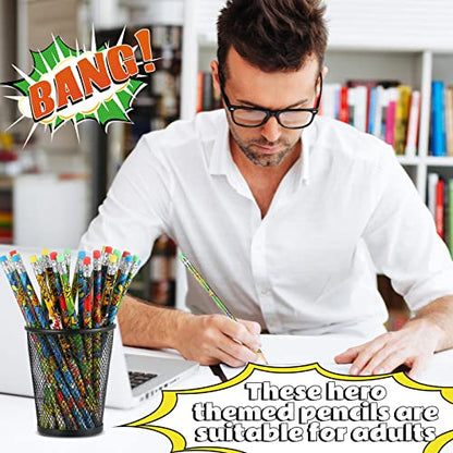 Fainne 72 Pieces Hero Cylinder Wood Pencils with Eraser, Snap Wham Pow Pencil 4 Patterns Assorted Pencil for Rewards, Party Favors, Goodie Bags, Gifts