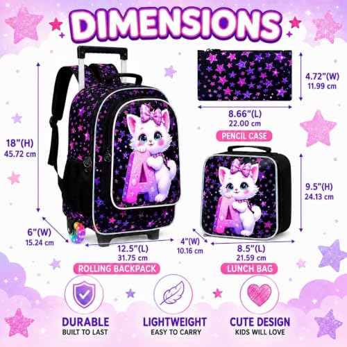 CCJPX 18" Cat Rolling Backpack for Girls, 3Pcs Kids Glow Wheels Bookbag with Lunch Box, Lightweight Roller School Bag for Elementary Preschool (Black) - color: A-star Cat(with Glowing Wheels)