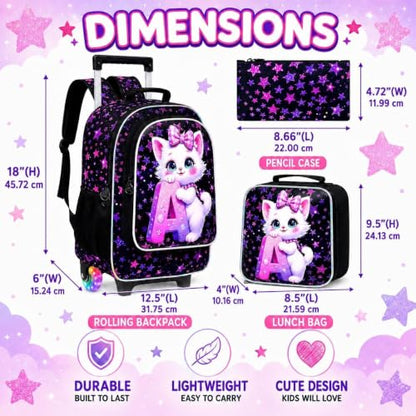 CCJPX 18" Cat Rolling Backpack for Girls, 3Pcs Kids Glow Wheels Bookbag with Lunch Box, Lightweight Roller School Bag for Elementary Preschool (Black) - color: A-star Cat(with Glowing Wheels)