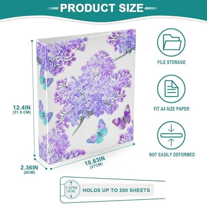 Lilacs Butterfly Floral White 3 Ring Binder 1.5 Inch Rings View Binders Holds 200 Sheets 2 Inch Binder Organizer for Letter Size Paper Home Office Supplies School, 2 Pack