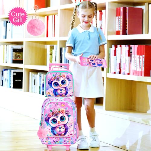 3Pcs Rolling Backpack for Girls, Kids Roller School Backpack with Wheels, Owl Wheeled Bookbag for Elementary Preschool Kindergarten(Pink) - color: Owl Pink