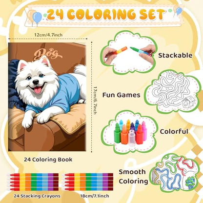 BenLouis 24 Dog Mini Coloring Books Kids with 24 Stacking Crayons Cute Puppy Party Favors Activity Books Bulk for Kids Pet Paw Goodie Bag Gift Stuffer Classroom Reward - style: Dog