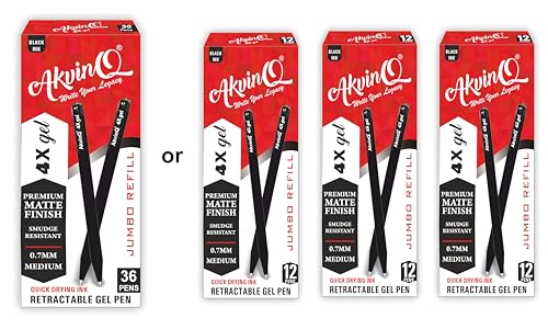 AKVINQ® 4X Gel Retractable Gel Pen | 0.7mm Medium Point | Black Gel Ink Pens | Pack of 36 Pens | Premium Matte Finish | Jumbo Refill | Bulk Pack for Journaling, Writing, Note-Taking, Office Supplies - size: 1 Count (Pack of 36)
