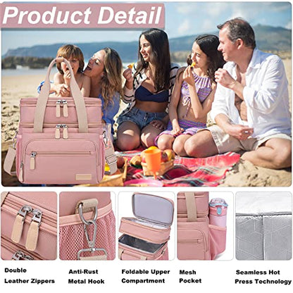 Weitars Lunch Bag for Women, Loncheras Para Mujer, Leakproof Insulated Large Lunchbox Dual Compartment Lunch Box Adult For Work Beach Picnic Hiking (15L) (Pink) - color: Pink