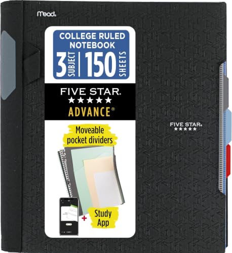 Five Star Advance Spiral Notebook + Study App, 3 Subject, College Ruled Paper, 8-1/2" x 11", 150 Sheets, Spiral Guard, Movable Tabbed Dividers, Black (73132) (Pack of 6) - color: Black, size: Pack of 6