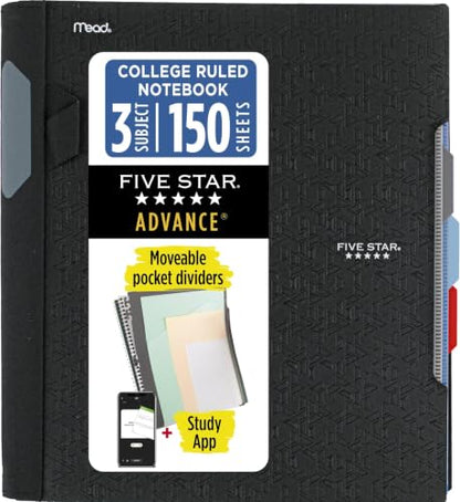 Five Star Advance Spiral Notebook + Study App, 3 Subject, College Ruled Paper, 8-1/2" x 11", 150 Sheets, Spiral Guard, Movable Tabbed Dividers, Black (73132) (Pack of 6) - color: Black, size: Pack of 6