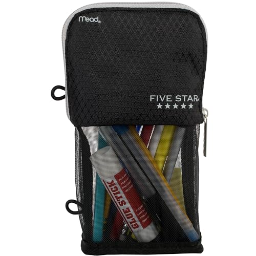 Five Star Pencil Pouch, Pen Case, Stand 'N Store Zipper Pouch, Fits 3-Ring Binder, Storage Organizer for Supplies Earbuds Chargers Cables Makeup, Black/Grey (505160A-ECM) - size: 2" x 4-1/2" x 8"
