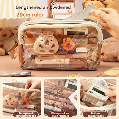 Large Capacity Clear Pencil Case, Waterproof Multi-Layer Pencil Pouch with Capybara Plush and Stickers,Office Supplies Desk Organizer, Big Pen Case for Adults, Cosmetic Bag Travel Stationery Holder