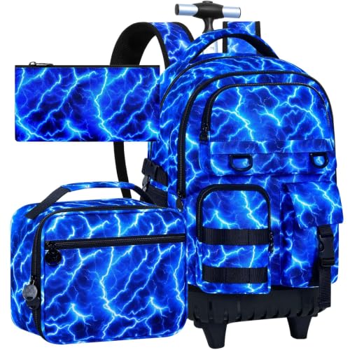 WZLVO 3PCS Rolling Backpack, Boys Water Resistance Wheeled Bookbag, Roller School Bag Set with Lunch Box & Pencil Bag for Teens & Kids - Lightning Blue - color: 3PCS Boys Rolling Backpack - Lightning Blue