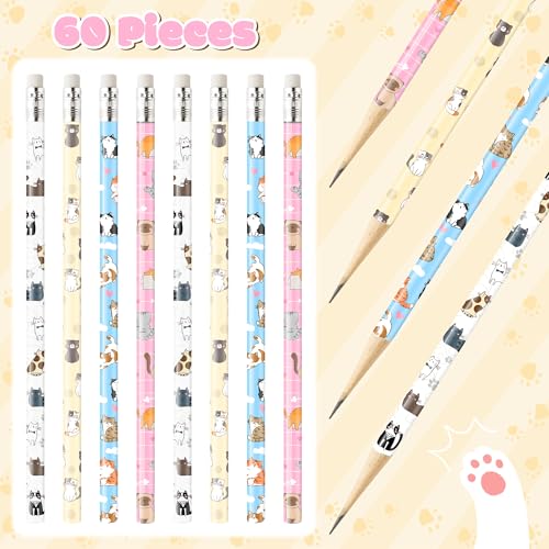 Xqumoi 60Pcs Cat Pencils with Erasers - Kawaii Cat Themed #2 HB Wooden Cute Pencils in Bulk Birthday Party Favors Classroom Student Rewards Goodie Bag Fillers Stuffers Back to School Gift - style: Cat