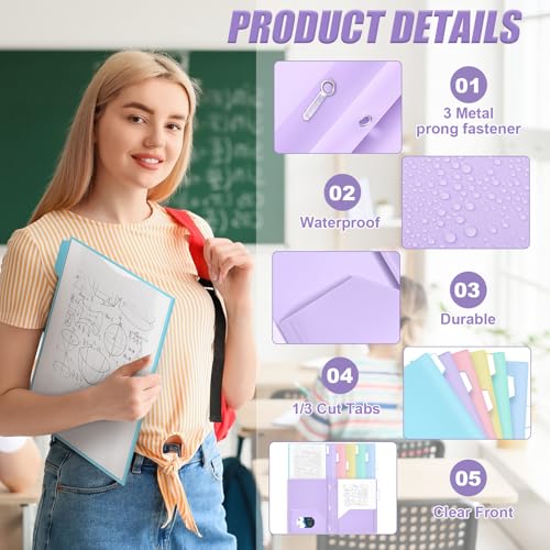 Fuutreo 12 Pack Pastel Plastic Folders with 2 Pockets & Clear Front View Pocket, 3 Hole Punched for Binders, 1/3 Cut Tabs, Heavy Duty Letter Size Clear Front View, 3 Hole Punched - style: 3-prong with View Pocket Style