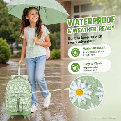 CCJPX 3Pcs Rolling Backpack for Girls, Roller Wheeled School Bookbag, Daisy Wheels Backpacks with Lunch Box for Kids (Green) - color: Daisy Green