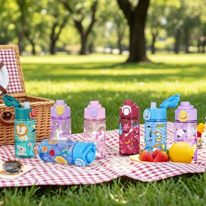 Kids Water Bottle with Bite & Sip Straw, Excavator/Jungle Animals | 13oz Toddler Water Bottle · BPA-Free, Handle, Leak-Proof, and Pop-Up Spout Cover · Safe for School Sports Travel & Camp