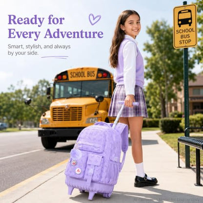 WZLVO 3PCS Girls Rolling Backpack, Water Resistance Roller Bookbag, Women Aesthetic Wheeled School Bag Set with Lunch Box & Pencil Bag for Teens & Kids - Purple Bow - color: 3pcs Girls Rolling Backpack - Purple Bow