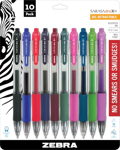 Zebra Pen Sarasa Dry X20 Retractable Gel Pens, 0.7mm Medium Point, Assorted Ink Colors with Rapid Fast Dry Ink Technology, Ideal for the Left-Handed, Eliminates Smearing in Seconds, 10-Pack (46881) - color: Fashion Assorted A
