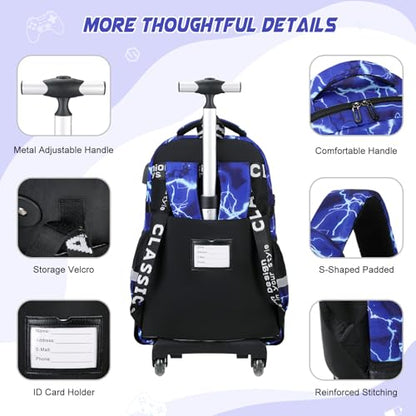 Scothen Rolling Backpack for Boys, Cool Luminous Gamer Roller School Backpacks for Boys with Lunch Bag and Pencil Pouch, Kids Backpack Bookbag with Wheels for Kindergarten Elementary Middle School - color: Blue-lightning