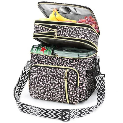 LOKASS Lunch Box for Women-16L-Insulated Lunch Bag Women, Expandable Double-layer Leakproof Cooler Bag with Upgrade Adjustable Shoulder Strap Ideal for Work/Travel/Picnics（Black Flower） - color: Black Flower