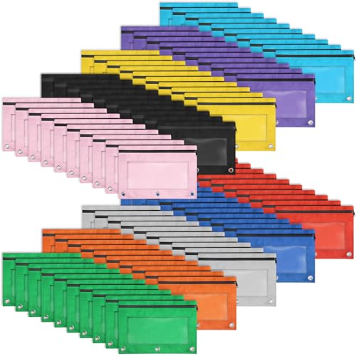 100 Pack 10 Colors Pencil Pouch for 3 Ring Binder,Binder Pencil Pouch | Clear Window Pencil Case Binder, Durable Zipper Pencil Pouch, Pencil Pouches Bulk Pencil Bags for School and Office Supplies