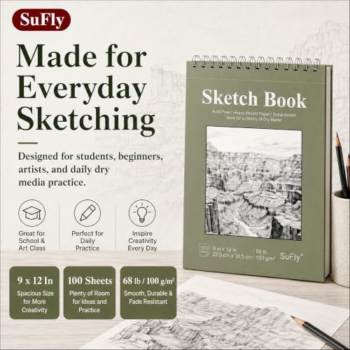 SuFly Sketch Book 9x12, Drawing Paper Pad-68lb/100gsm, Top Spiral Sketchbook Hardcover, 100 Sheets Sketch Pad for Kids Classroom Art Supplies for Adults-Sketchpad for Drawing, Illustration & Art Stuff