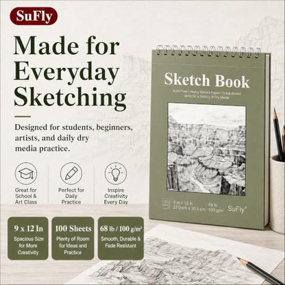 SuFly Sketch Book 9x12, Drawing Paper Pad-68lb/100gsm, Top Spiral Sketchbook Hardcover, 100 Sheets Sketch Pad for Kids Classroom Art Supplies for Adults-Sketchpad for Drawing, Illustration & Art Stuff