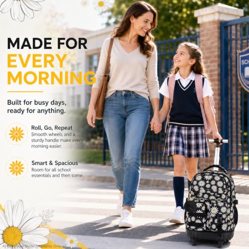 WZLVO 3PCS Wheeled Backpack, Water Resistance Girls Roller Bookbag with Wheels, Women Aesthetic Rolling School Bag Set with Lunch Bag & Pencil Bag for Teens & Kids - Black Chrysanthemum - color: 3pcs Girls Rolling Backpack - Black Chrysanthemum