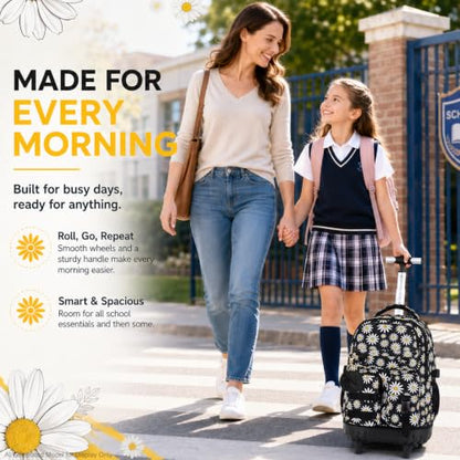 WZLVO 3PCS Wheeled Backpack, Water Resistance Girls Roller Bookbag with Wheels, Women Aesthetic Rolling School Bag Set with Lunch Bag & Pencil Bag for Teens & Kids - Black Chrysanthemum - color: 3pcs Girls Rolling Backpack - Black Chrysanthemum