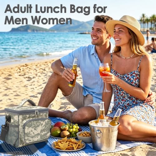 FlowFly Insulated Reusable Lunch Bag Adult Large Lunch Box for Women and Men with Adjustable Shoulder Strap,Front Zipper Pocket and Dual Large Mesh Side Pockets,DigitalCamo - color: DigitalCamo
