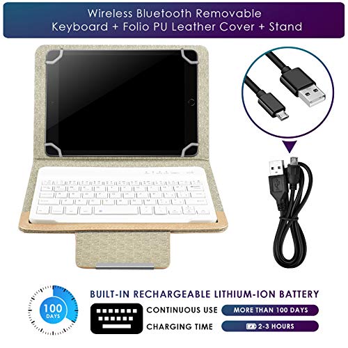 DETUOSI Universal 8.0 inch Android Tablet Case with Keyboard, Removable Wireless Bluetooth Keyboard + PU Leather Folio Book Cover + Stand, Travel Portable Sleeve for iOS/Android/Windows System Tablet - color: Gold Case + White Keyboard