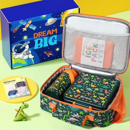 Fimibuke Kids Bento Lunch Box with 4 Compartments, Insulated lunch Bag, Stainless Steel Insulated Water Bottle, Ice Pack & Utensils Set, Birthday Gifts for Ages 3-12 Back to School Toddler Girls Boys - color: A6. Green Dinosaur