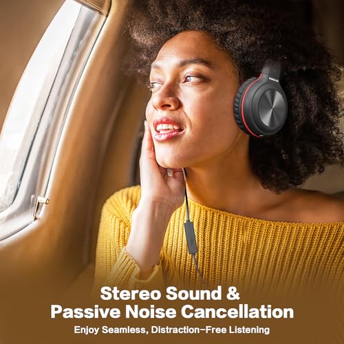 SIMOLIO Wired Headphones with Microphone & Volume Control & 3-Level Switchable Volume Limited & Share Jack & Bag, Stereo Headset for Kids Teens Adults Youth School Plane Travel Gift PC Computer Laptop