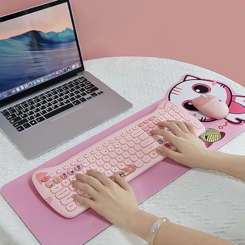 Cute Cat 2.4G USB Wireless Keyboard and Mouse Combo, Silent Keys, Candy Colors, Compatible with Notebook, PC (Pink-110Keys) - color: Pink-110Keys