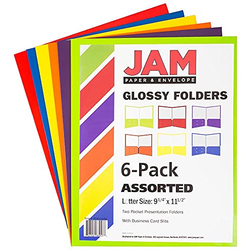 JAM PAPER Laminated Two Pocket Glossy School Folders - Letter Size - High Gloss Assorted Primary Colors - 6/Pack - color: Assorted Bright Colors, size: Pack of 6 Folders