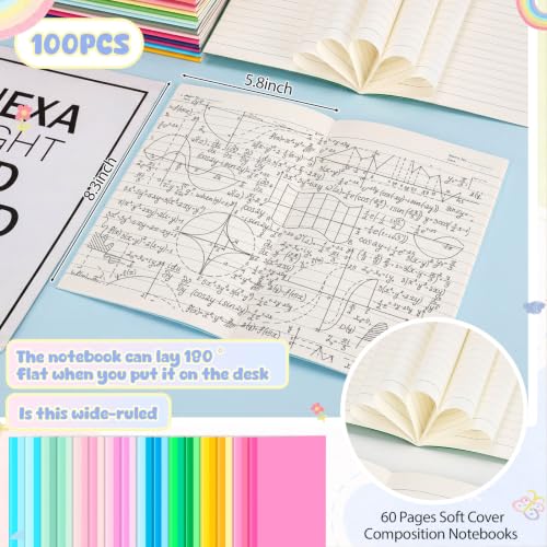 Handepo 100 Pack A5 Composition Notebooks Bulk 5"x8" Wide Ruled Soft Cover Journals, 60 Pages Composition Notebooks Bulk School Supplies for Students Classroom Office - color: Fantastic, size: A5