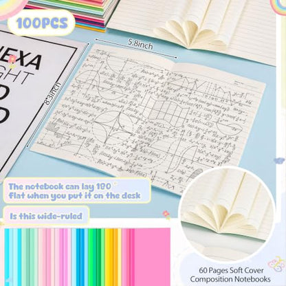 Handepo 100 Pack A5 Composition Notebooks Bulk 5"x8" Wide Ruled Soft Cover Journals, 60 Pages Composition Notebooks Bulk School Supplies for Students Classroom Office - color: Fantastic, size: A5