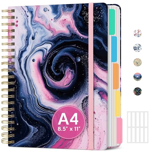 Large Lined Spiral Journal for Women Cute Hardcover 5 Subject Notebook for Work 8.5" x 11" with Removable Dividers & Tabs, College Ruled, 280 Pages Aesthetic Journal for Work, School & Note Taking, Pink Vortex - color: K - Pink Vortex
