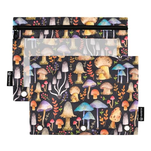 Mushrooms Pencil Pouches Bags for 3 Ring Binder, 2 Pack Zipper Stationery Bag 3 Hole Pencil Case for School Office Home - color: color 07