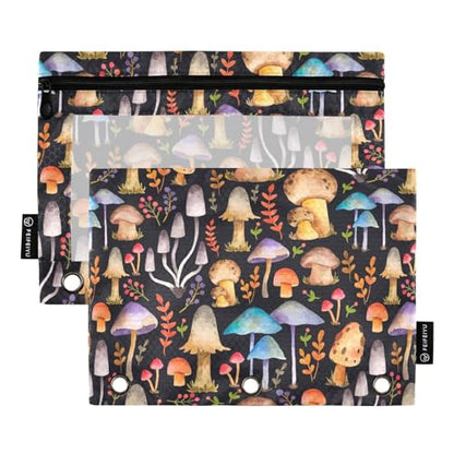 Mushrooms Pencil Pouches Bags for 3 Ring Binder, 2 Pack Zipper Stationery Bag 3 Hole Pencil Case for School Office Home - color: color 07