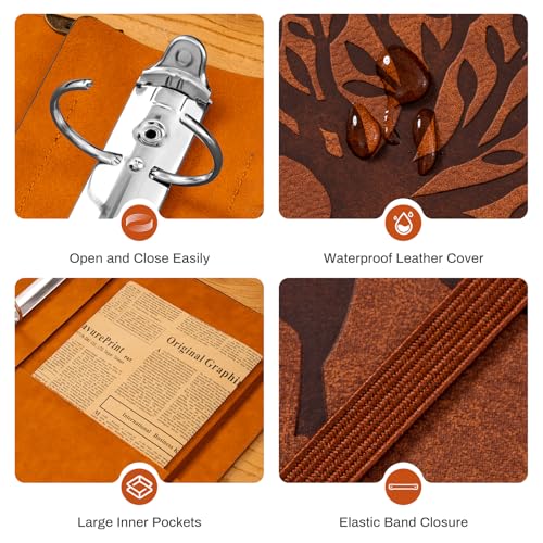 Ovesmusl PU Leather Mini 3 Ring Binder Fits 5.5" X 8.5" A5 Paper, 1 Inch Round Ring Binder Holds 200 Sheets, Notepad Paper Cover Loose Leaf Organizer, Green Tree of Life - color: Brown Tree, size: 1" Ring (5.5"x8.5")