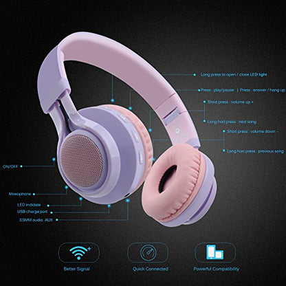 Riwbox WT-7S Kids Bluetooth Headphones Light Up, Foldable Stero Wireless Headset,with Microphone and Volume Control,Comfortable and Durable,for PC/Tablet/TV/Travel(Purple) - color: Purple