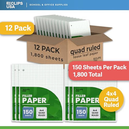 Graph Paper Loose Leaf Paper Quad Ruled Notebook Paper Quad Ruled 4” x 4” Square Lined Writing Filler Paper 10.5” x 8” 1800 Sheets 150 Sheets Per Pack 60 gsm (12 Pack) - size: 12 Pack