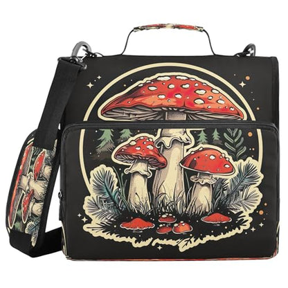 3 Ring Zipper Binder Red Mushroom Binder Organizer Portfolio with File and Shoulder Strap & Handle Large Capacity File Folder - color: Mushroom