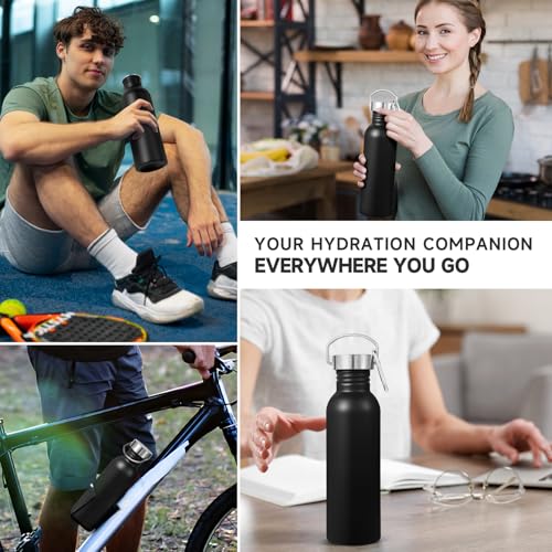 Volhoply 26oz Uninsulated Single Walled Water Bottle, Stainless Steel Reusable Water Bottles with Handle & Carabiner, BPA Free Wide Mouth Water Bottles for Gym Sports Camping（Black,1） - color: Black