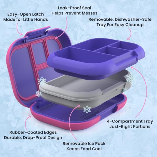 Bentgo Chill Kids Leakproof Lunch Box - 4-Compartment Bento Box with Built-In Ice Pack, 3.3 Cup Capacity, BPA-Free, Microwave & Dishwasher Safe Tray, Ages 3–7 (Electric Violet) - color: Electric Violet
