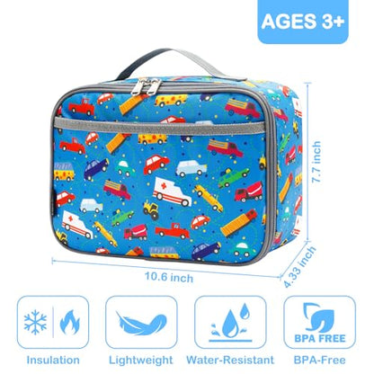 FlowFly Kids Lunch box Insulated Soft Bag Mini Cooler Back to School Thermal Meal Tote Kit for Girls, Boys, Car - color: ColorFulCar