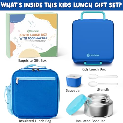 Fimibuke Bento lunch Box Set for Kids Adult with 8oz Insulated Food Jar, Lunch Bag & Sauce Cup, Leakproof Dishwasher Safe Toddler Lunch Food Container with 3-4 Compartment for School Girls Boys - color: A4.Ocean Blue