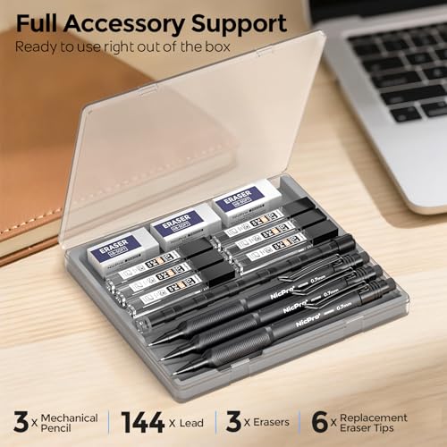 Nicpro 0.7 mm Mechanical Pencil Set with Case, 3PCS HD1000 Mechanical Pencils 0.7 With 6 Tube HB Lead Refills, Eraser, Weatherproof Barrel for Outdoor Writing Drafting Drawing Sketching - style: 0.7mm(3 Pcs)