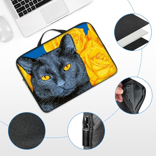 17 17.3 inch Laptop Sleeve with Handle, Black Cat Yellow Roses Water‑Resistant Laptop Carrying Case for HP 17.3 inch Laptop/HP Envy 17/Dell Inspiron 17/Lenovo Ideapad 17.3 - color: Black Cat Yellow Roses, size: 17-17.3 inch Devices